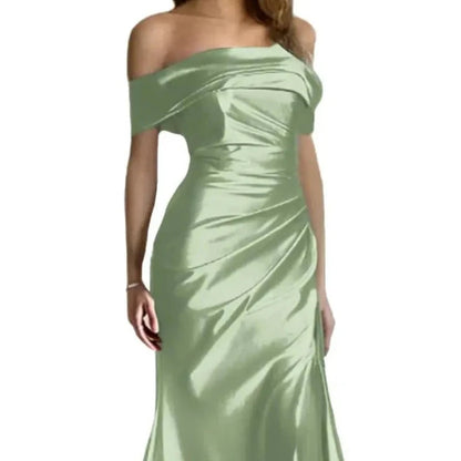Sage green off-shoulder satin mermaid formal dress with ruched bodice