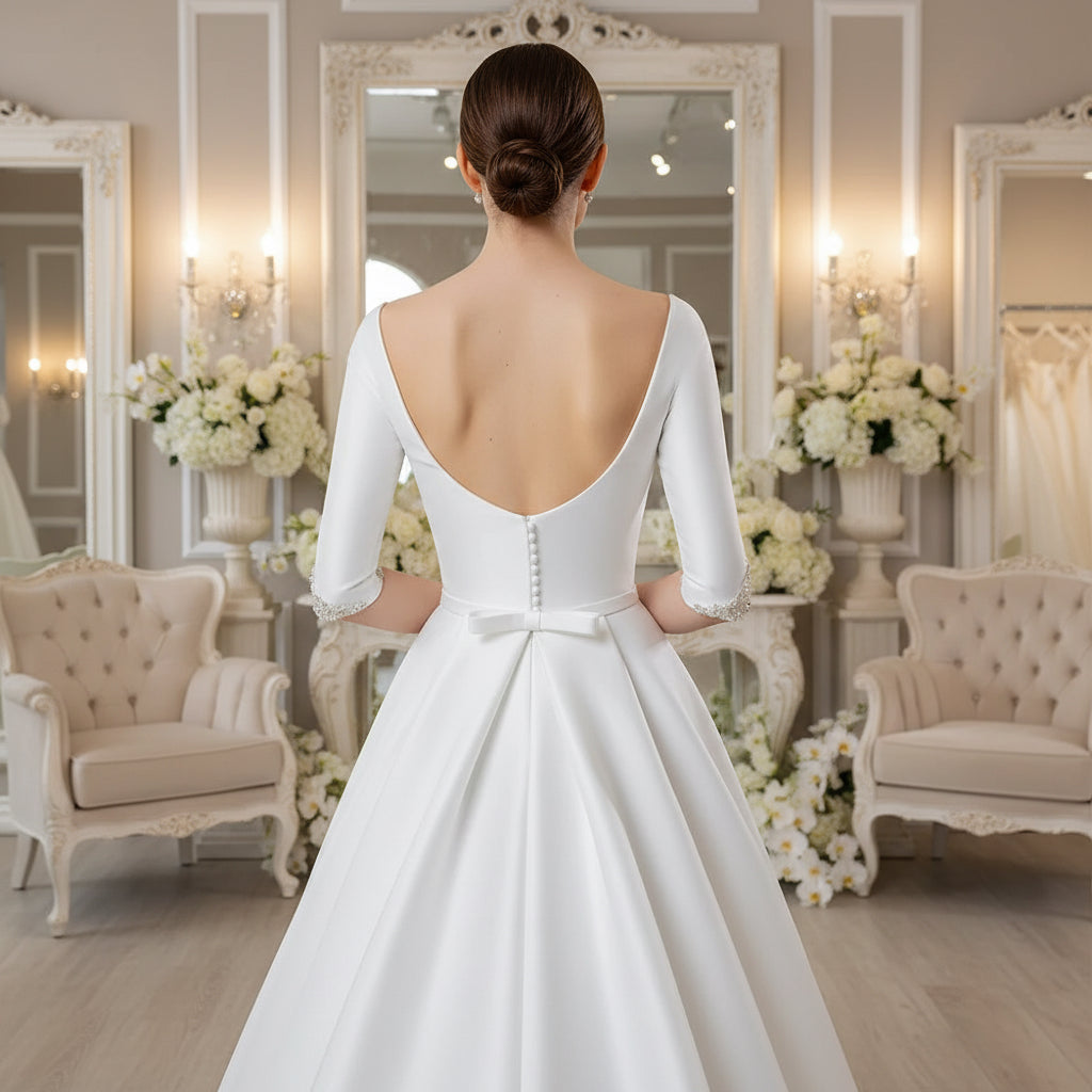 A-line satin wedding dress with beaded cuffs and waist bow detail, side profile