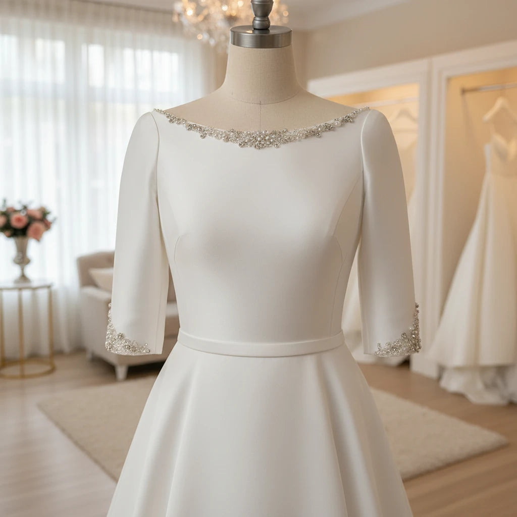 A-line satin wedding dress with scoop neckline and beaded sleeve cuffs, full front