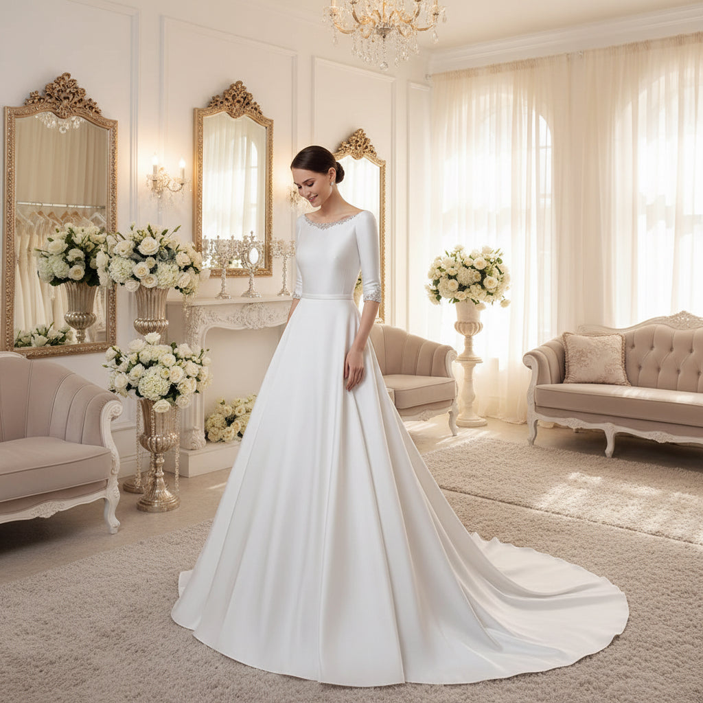 A-line satin wedding dress with 3/4 sleeves, scoop neckline, and beaded cuffs