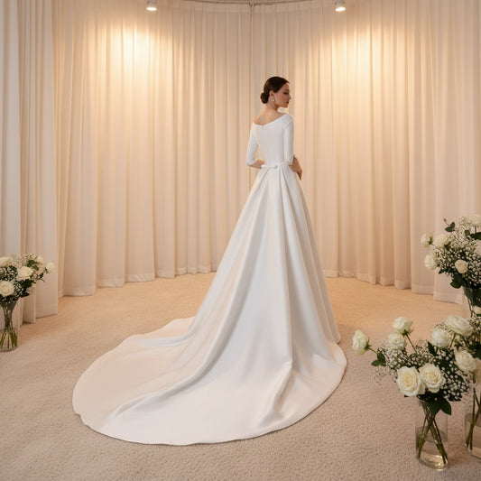 A-line satin wedding dress side view with draped train and waist tie/bow