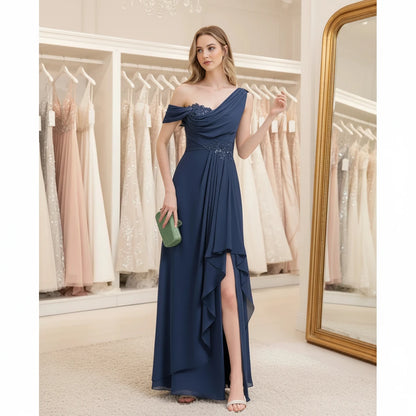 Navy chiffon one-shoulder A-line dress with embellished waist and layered asymmetric hem slit