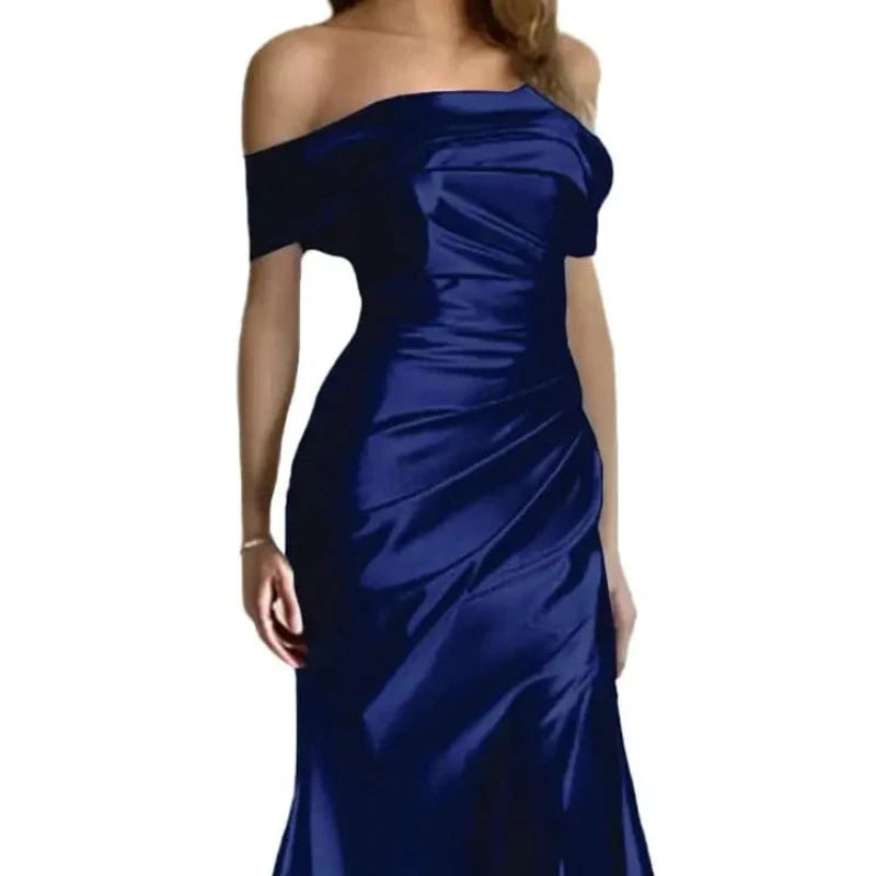 Navy off-shoulder satin mermaid formal dress with ruched bodice