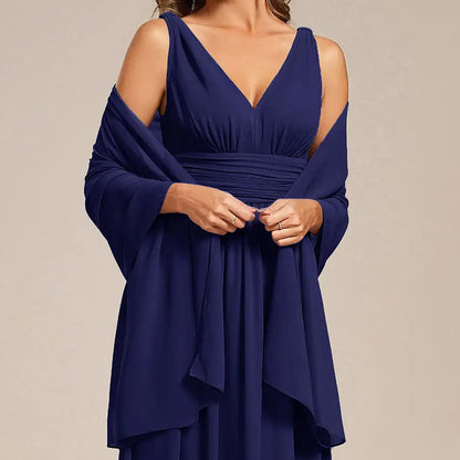Chiffon shoulder wrap evening shawl in navy blue, draped open-front design