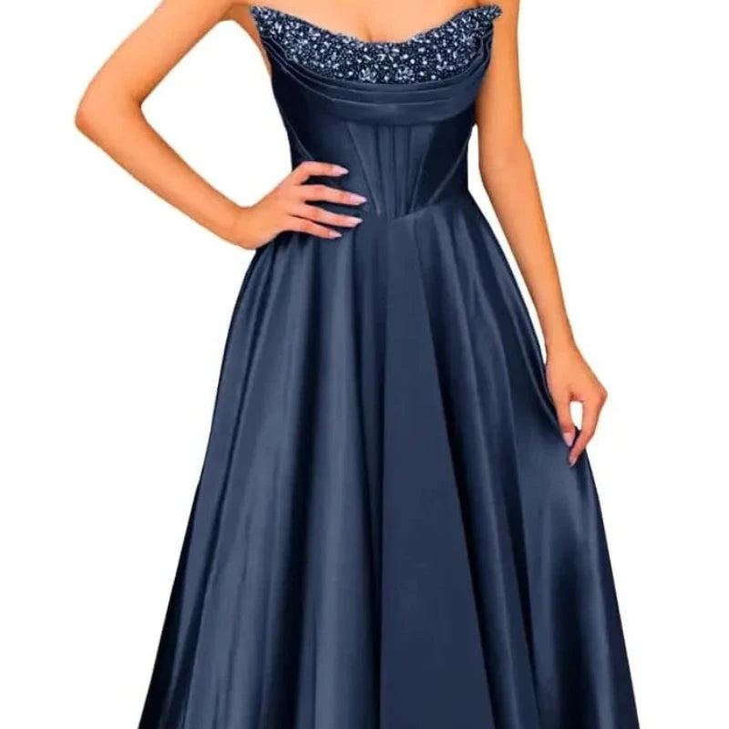 Dark blue strapless satin A-line evening gown with sparkly beaded neckline