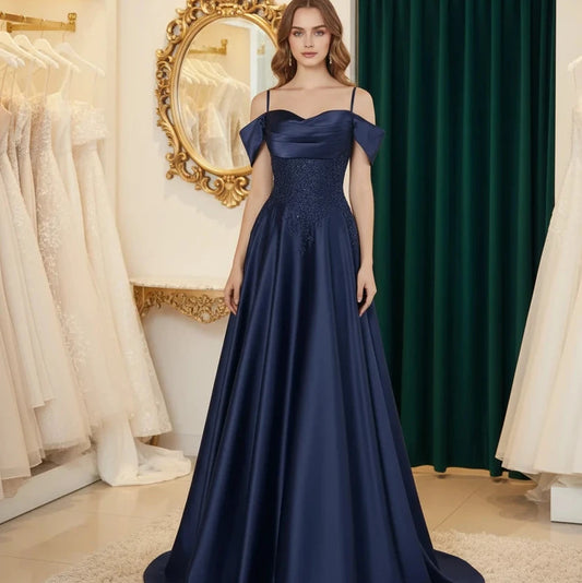Navy satin A-line floor-length dress with beaded bodice and off-shoulder sleeves