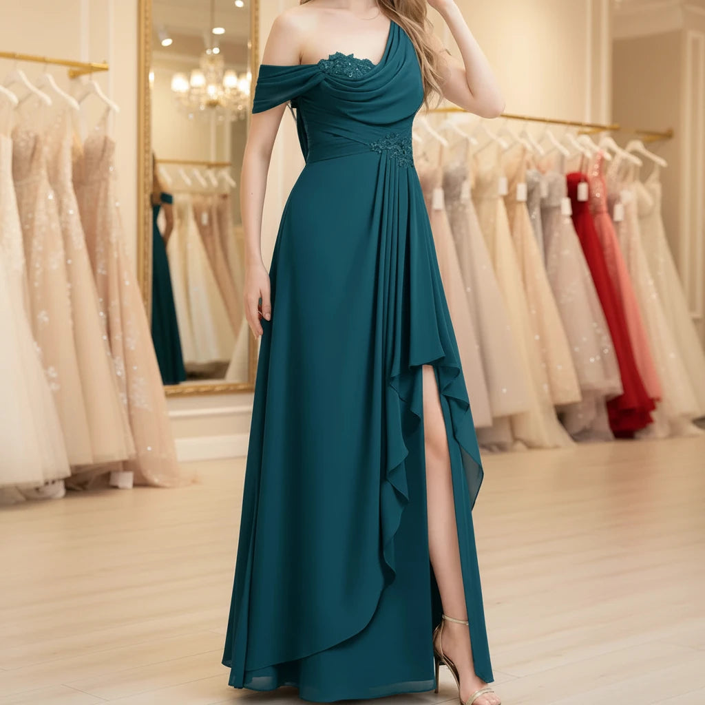 Navy one-shoulder chiffon A-line dress with draped neckline, beaded waist, and layered skirt