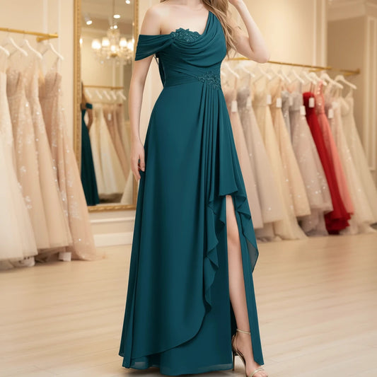 Navy one-shoulder chiffon A-line dress with draped neckline, beaded waist, and layered skirt