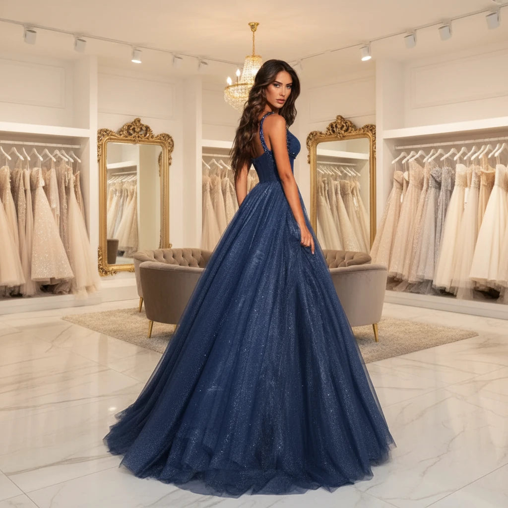 Blue glitter tulle A-line gown with wide straps and flowing floor-length skirt