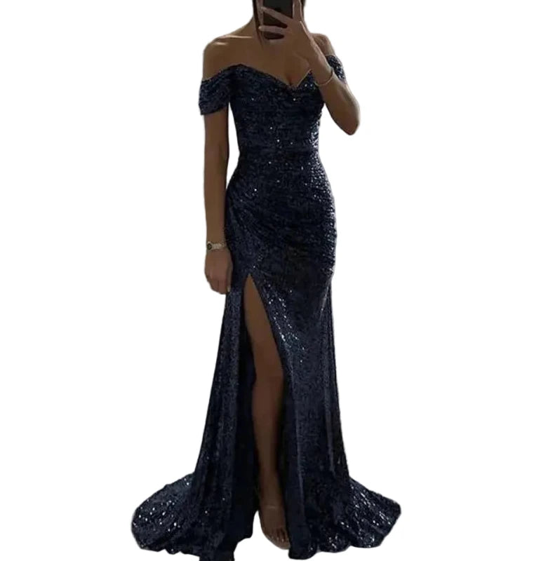 Off-shoulder sequin mermaid formal dress, sweetheart neckline, front slit; dark blue.
