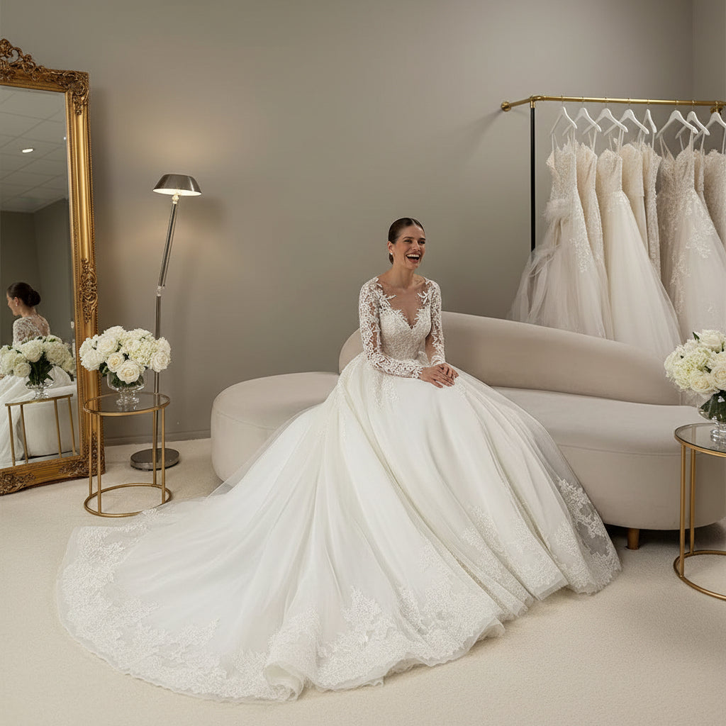 White lace wedding gown with long illusion sleeves, fitted bodice, and flared skirt