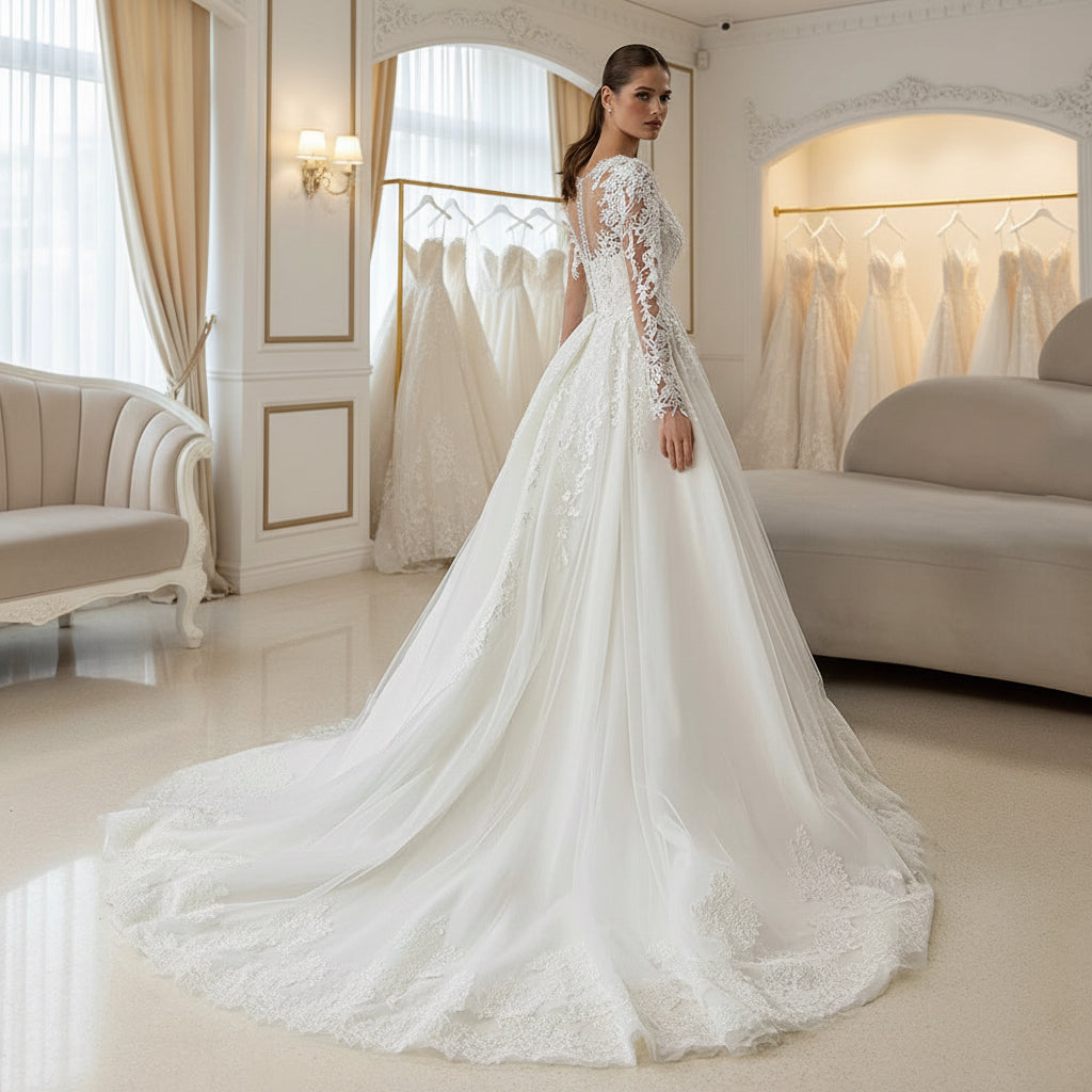 White lace A-line wedding dress with long lace sleeves and flowing full skirt