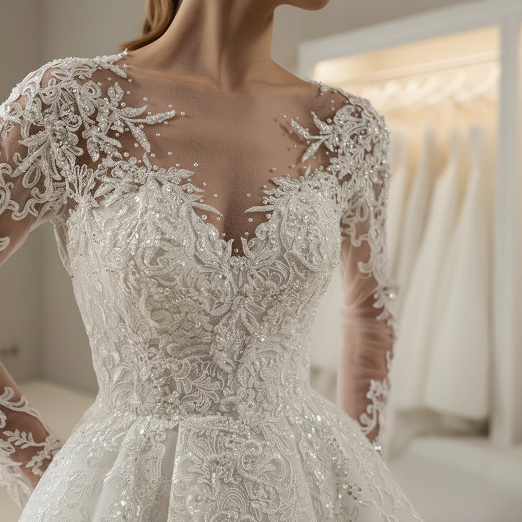 White lace wedding dress with V-neck illusion bodice and ornate pearl sparkle details