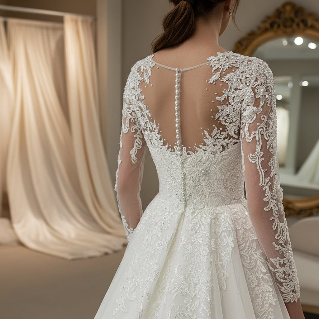 White lace wedding dress back with illusion panels, pearl straps, and floral embroidery