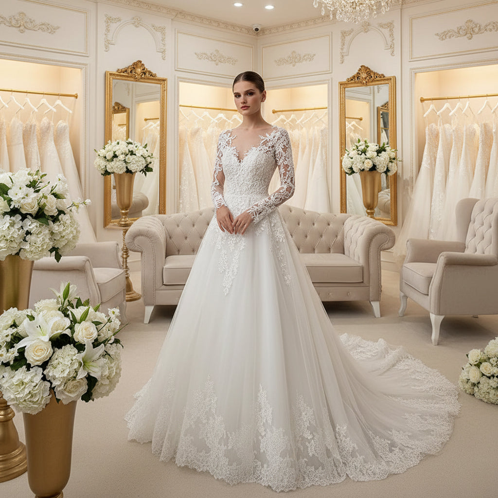White lace wedding dress with long sleeves, pearl beading, and A-line full skirt