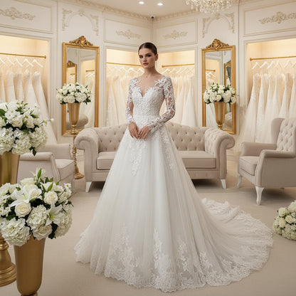 White lace wedding dress with long sleeves, pearl beading, and A-line full skirt