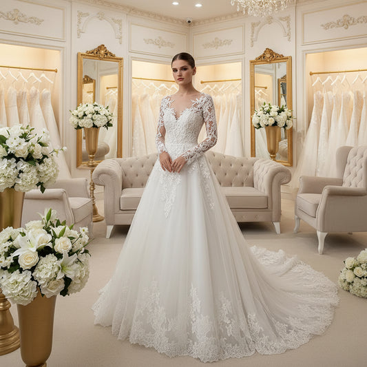 White lace wedding dress with long sleeves, pearl beading, and A-line full skirt