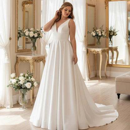 White satin sleeveless wedding dress with V-neck and gathered waist, full A-line hem