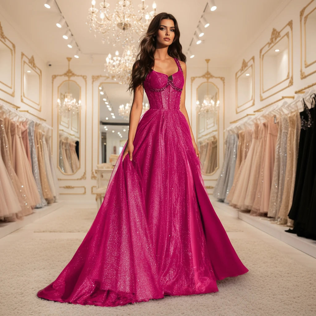 Pink/magenta glitter tulle A-line formal dress with wide straps and voluminous skirt