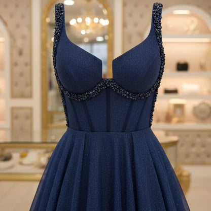 Blue glitter tulle formal dress, wide straps and scalloped V-neck with fitted waist