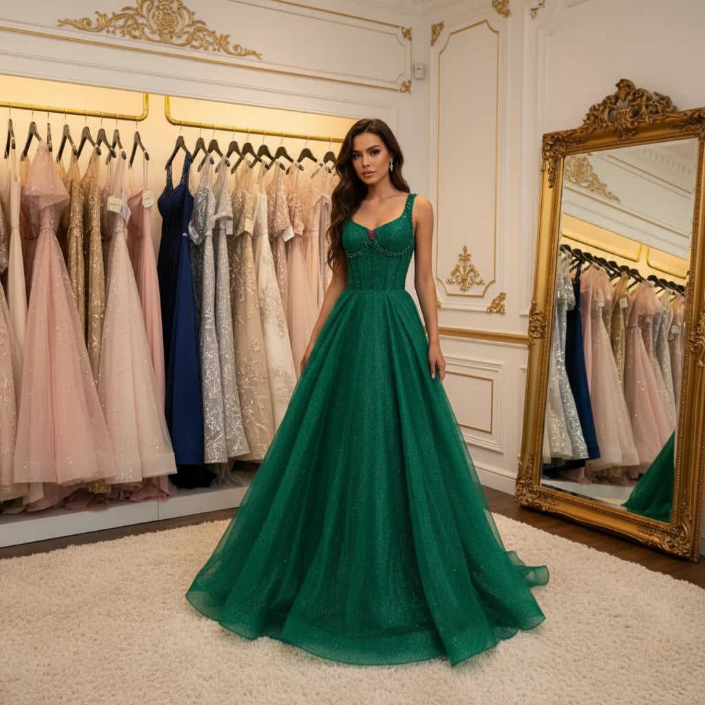 Green glitter tulle A-line formal dress with wide straps and fitted corset-style bodice