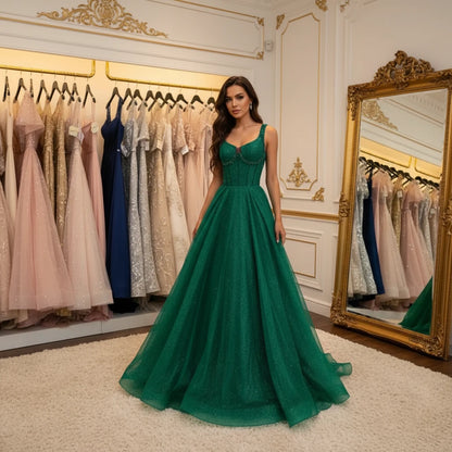 Green glitter tulle A-line formal dress with wide straps and fitted corset-style bodice