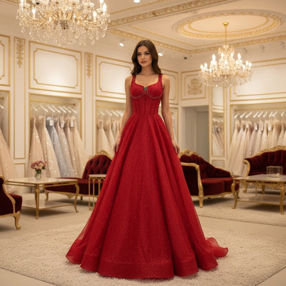 Red glitter tulle A-line formal dress with wide straps and full floor-length skirt