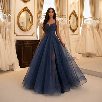 Blue glitter tulle A-line evening dress with wide straps and full gathered skirt
