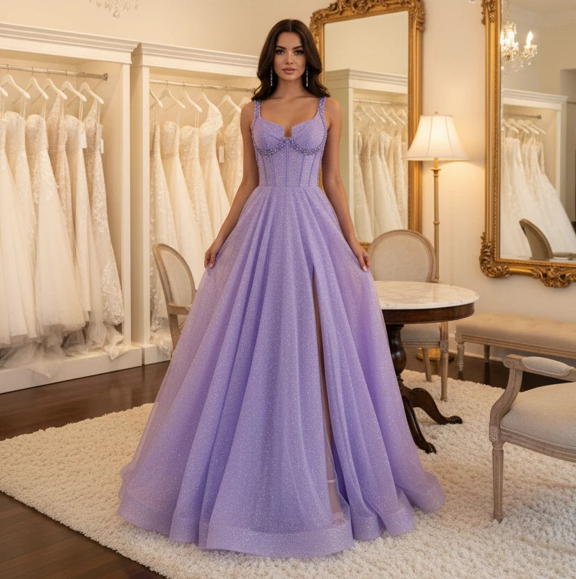 Purple glitter tulle A-line formal dress with wide straps and flared skirt