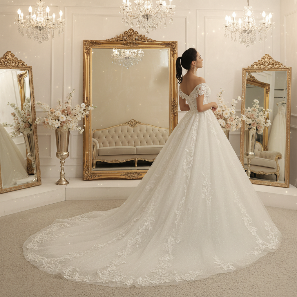 Ivory off-shoulder lace princess wedding dress with airy skirt and embroidered details