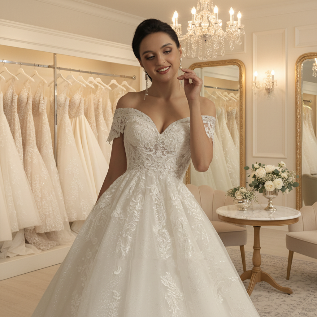 Ivory off-shoulder lace wedding dress bodice with structured corset and scalloped neckline