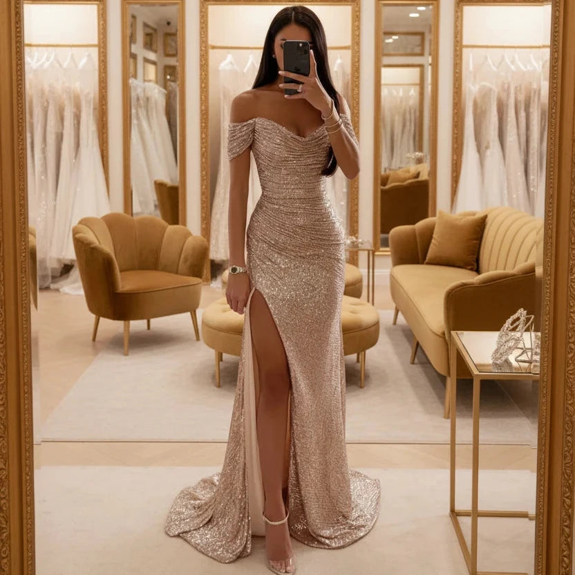 Champagne sequin off-shoulder mermaid formal dress with front slit