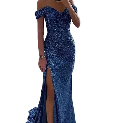Cobalt blue sequin off-shoulder mermaid formal dress with front slit