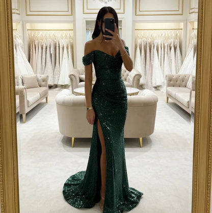 Dark green sequin off-shoulder mermaid formal dress with front slit