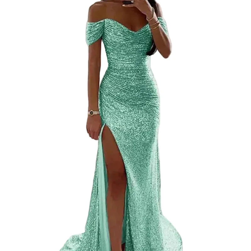 Off-shoulder sequin mermaid formal dress, sweetheart neckline, front slit; mint green.