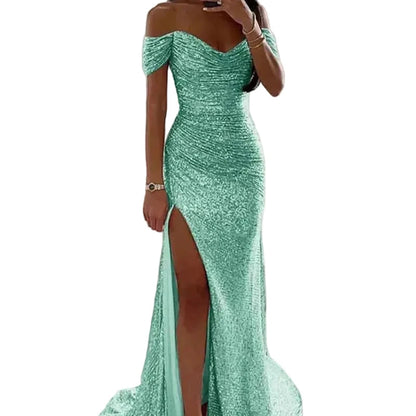 Off-shoulder sequin mermaid formal dress, sweetheart neckline, front slit; mint green.