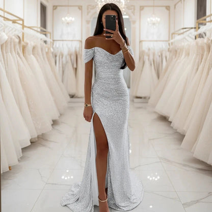 Silver sequin off-shoulder mermaid formal dress with front slit