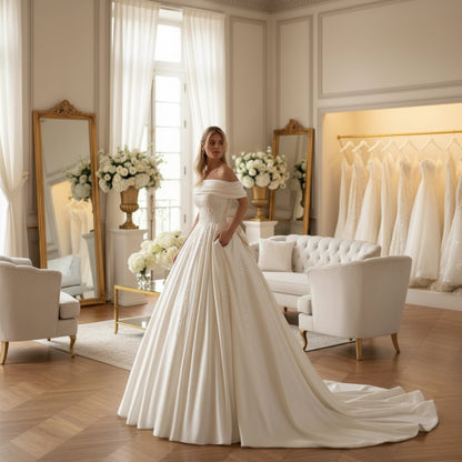 Off-shoulder beaded satin bridal gown in off-white, full ballgown skirt
