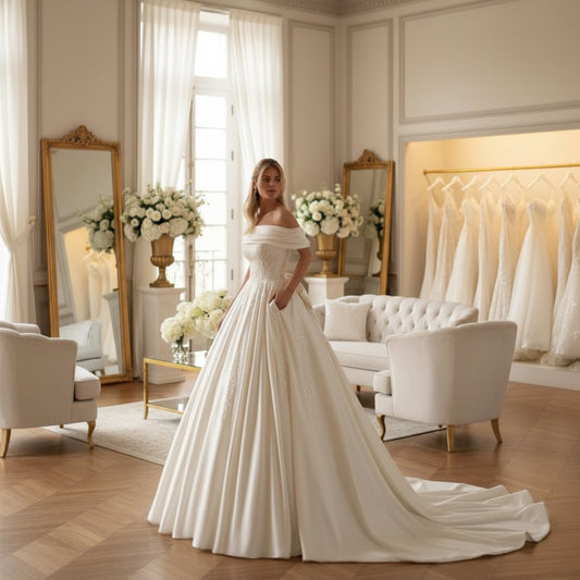 Off-shoulder beaded satin bridal gown in off-white, full ballgown skirt