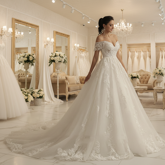 Ivory off-shoulder lace princess wedding dress with fitted bodice and long flowing train