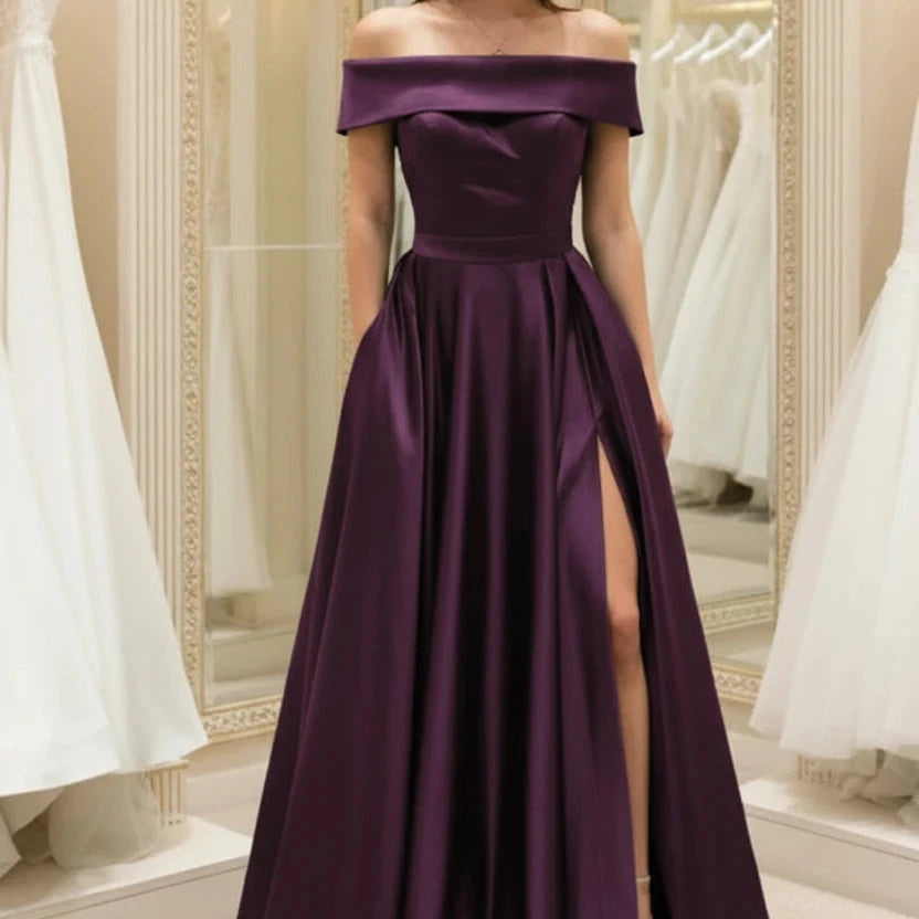 Green satin off-shoulder A-line dress with pleated skirt and front leg slit