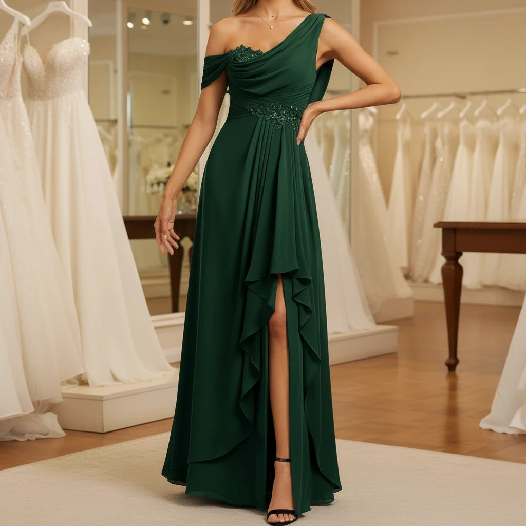 Green one-shoulder chiffon A-line dress with embellished bodice and cascading ruffle hem panel