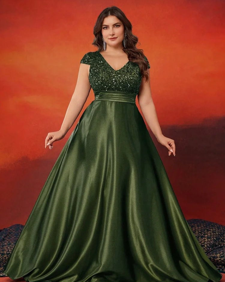 Olive evening dress with V-neck cap sleeves, sequined bodice and satin gathered skirt