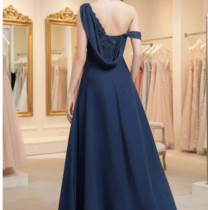Navy chiffon one-shoulder A-line dress, open back with draped waist and layered full skirt