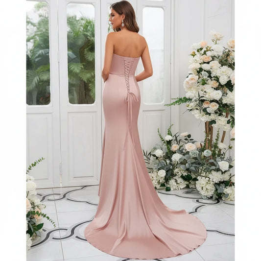 Dusty pink satin mermaid bridesmaid gown with sweetheart neckline and side slit