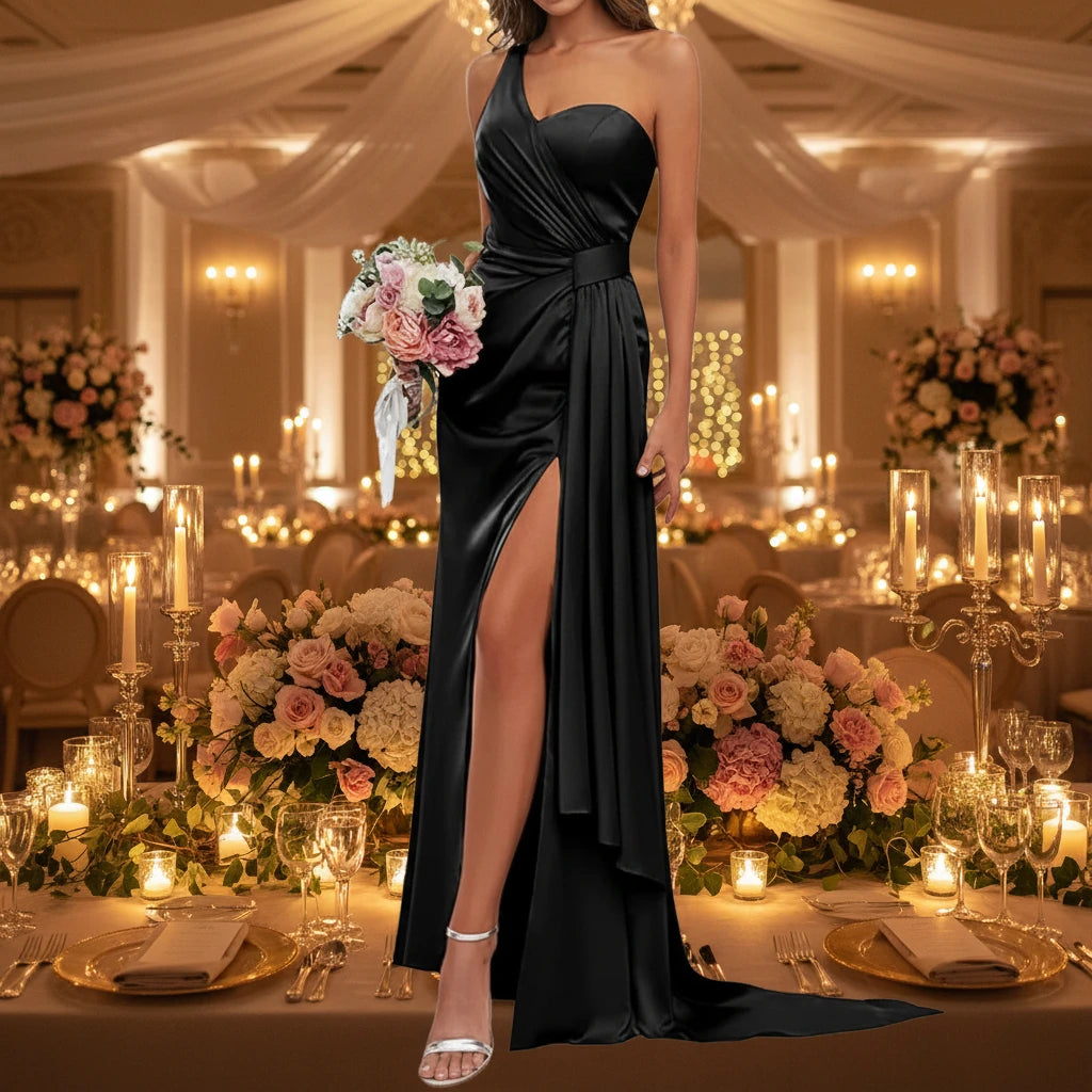 Black satin mermaid bridesmaid gown with sweetheart neckline and front leg slit