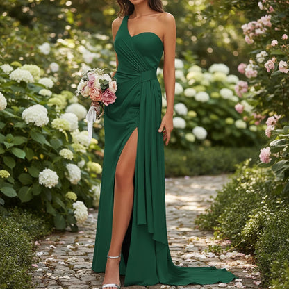 Green satin mermaid bridesmaid gown with sweetheart neckline and front leg slit