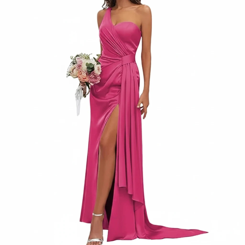 Hot pink satin mermaid bridesmaid gown with sweetheart neckline and side leg slit