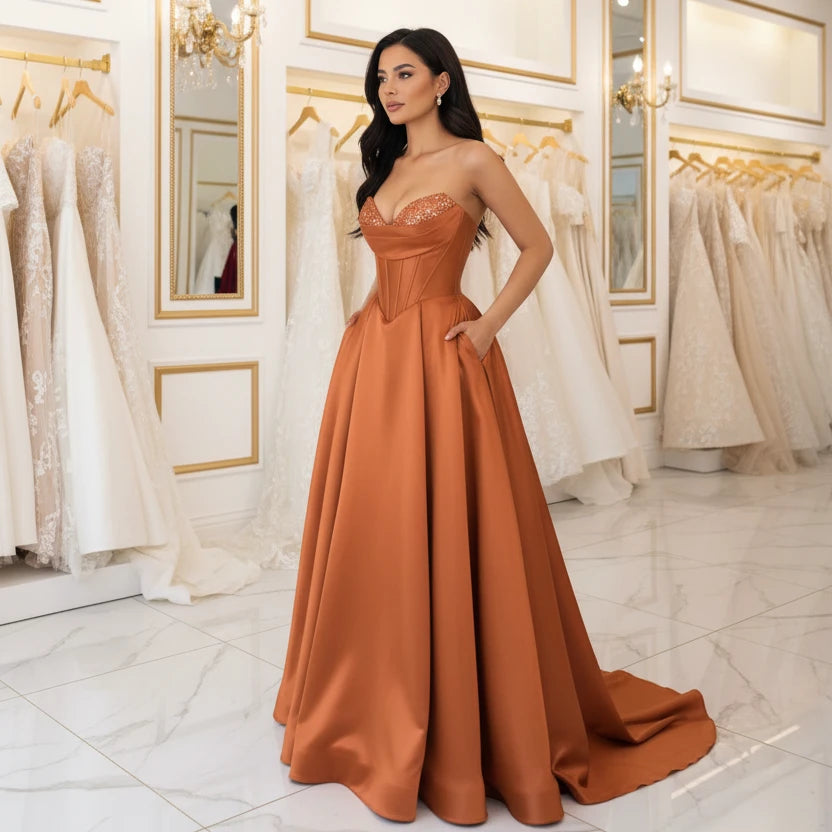 Orange strapless A-line satin dress with sequin bust and thigh-high slit