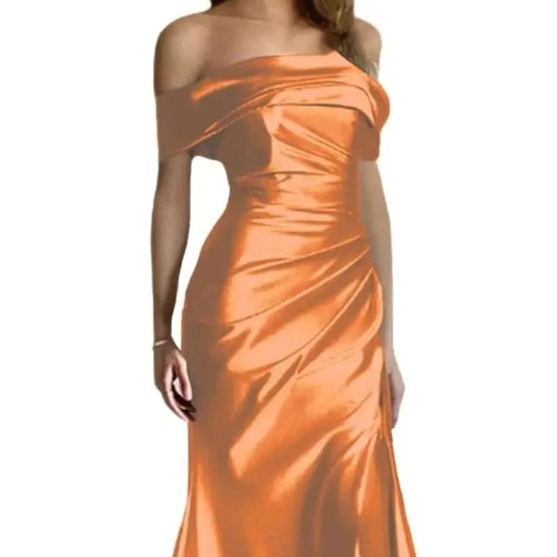 Off-shoulder satin mermaid formal dress in orange, off-shoulder neckline and long skirt
